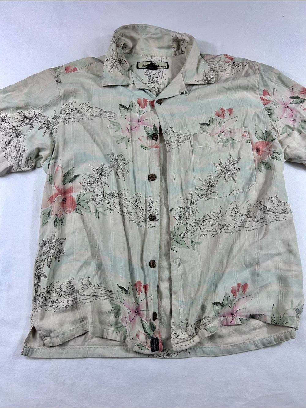 Tommy Bahama Cream and Light Green Silk Tropical Shirt